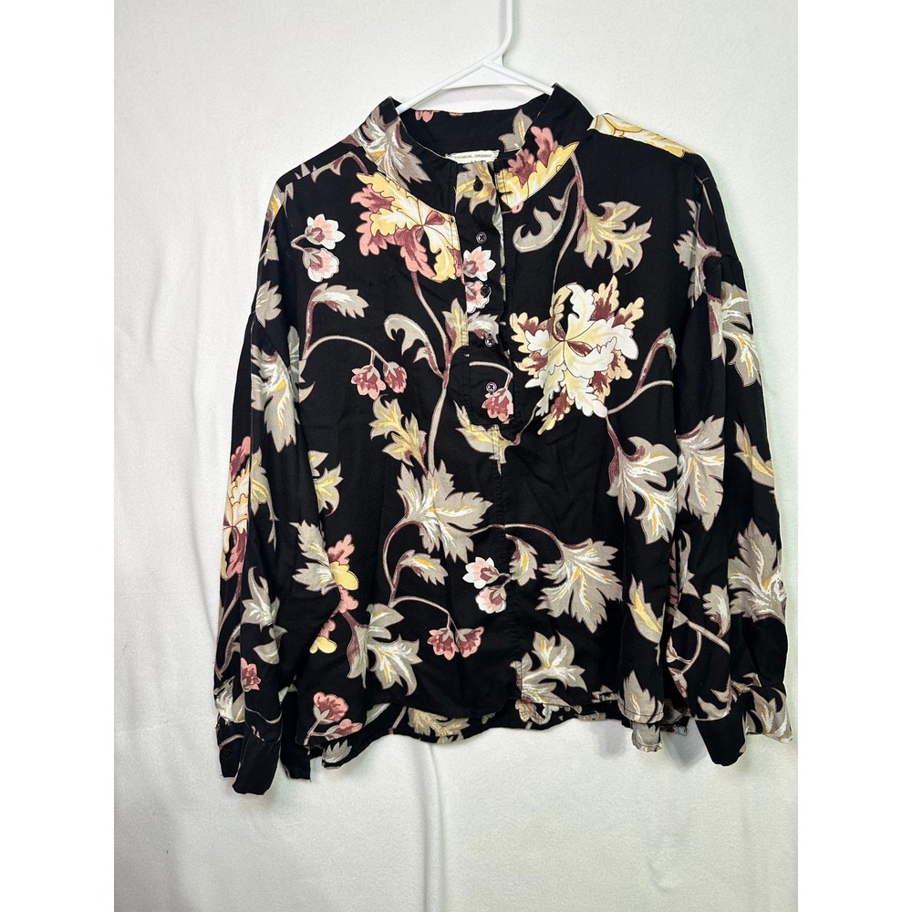 Premium Organic Black Floral Lyocell Blouse Women's Medium Relaxed Boho - Picture 1 of 9